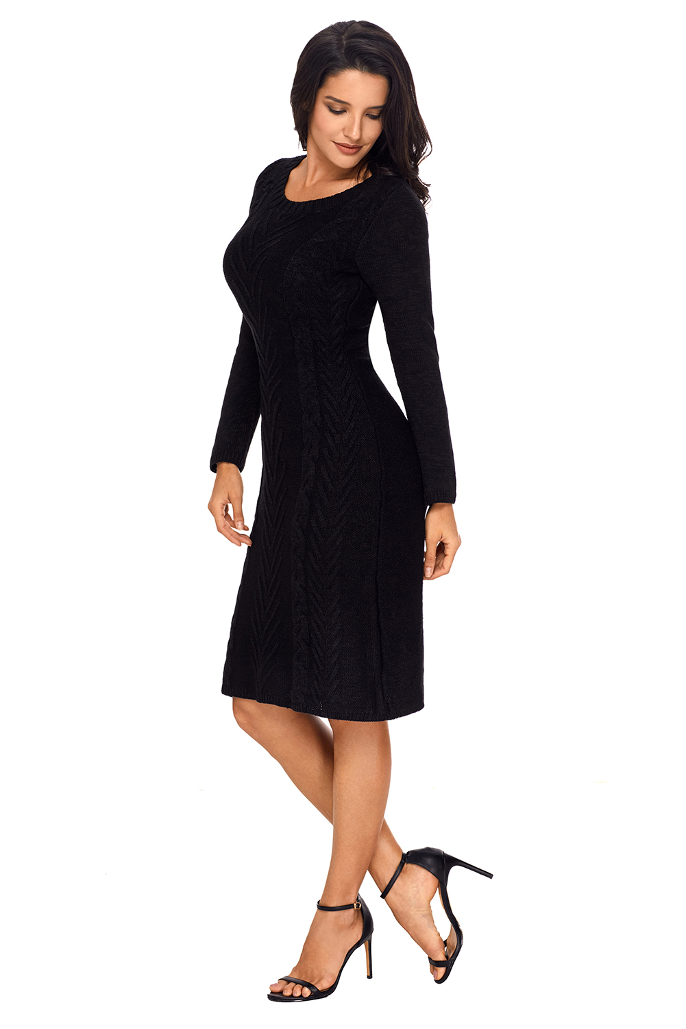 BY27772-2 Black Womens Hand Knitted Sweater Dress